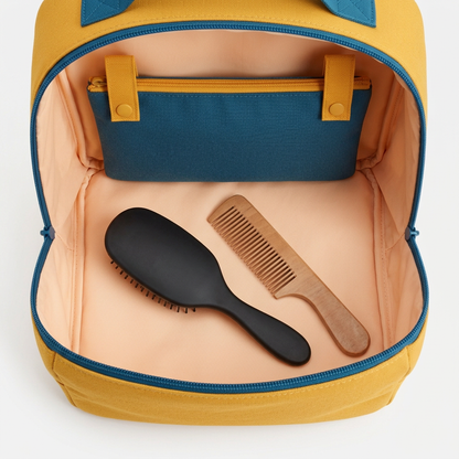 AI concept open interior view with peach lining, blue pouch and generic grooming props.