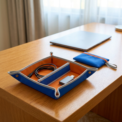 AI concept tray and pouch on a hotel desk with illustrative electronics, not included.