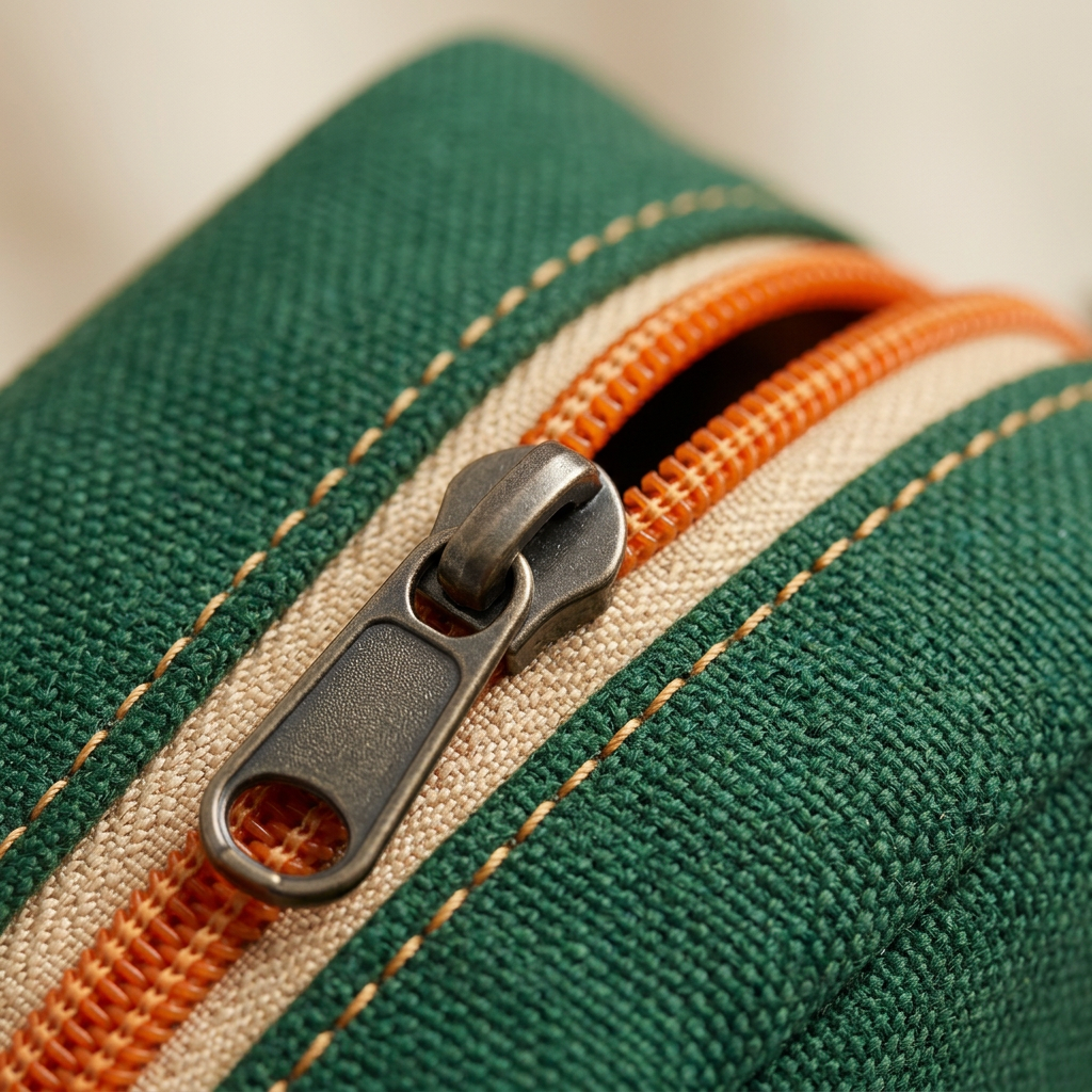 AI concept macro of orange zipper, metal pull and green textile.