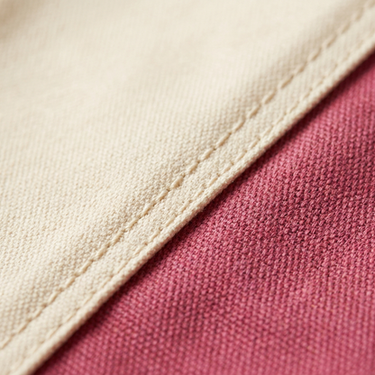 AI concept macro of cream sole-facing panel stitched to berry textile.