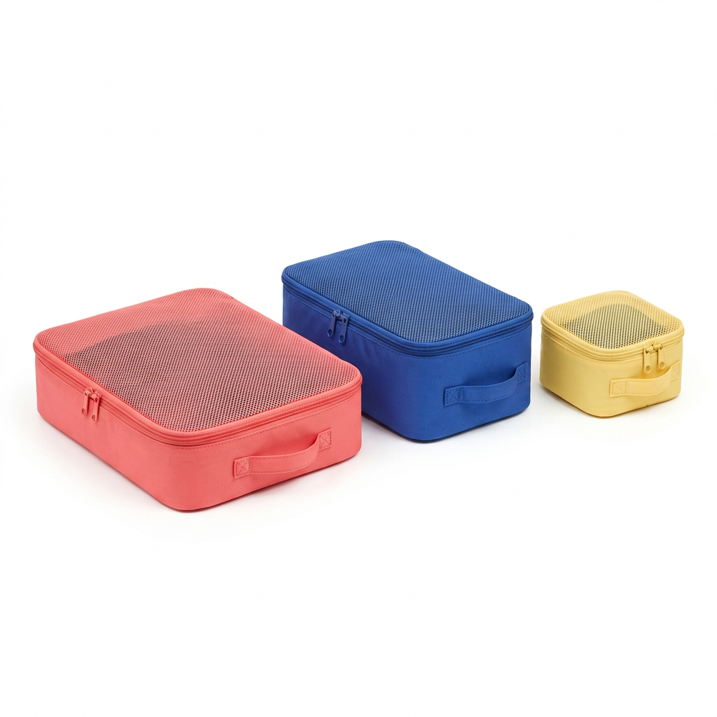 White-background concept view of three coral, cobalt and yellow mesh-top packing cubes.