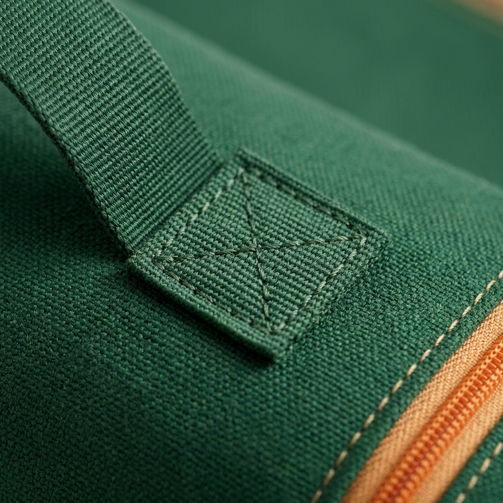 AI concept close-up of green fabric carry-strap stitching.