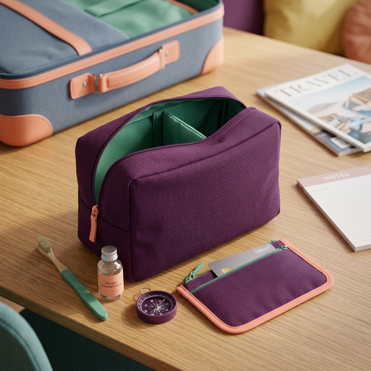 AI concept pouch duo on travel-room desk with illustrative props, not included.