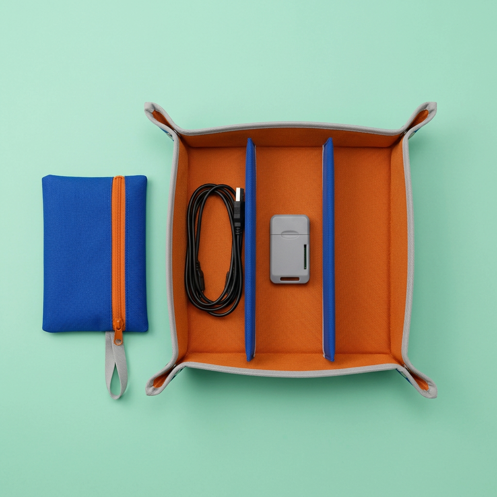AI concept overhead tray divided into three lanes with illustrative cable and reader, not included.