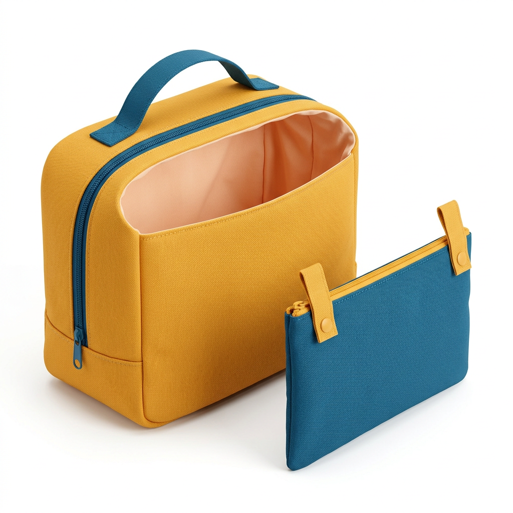 AI concept white-background view of a yellow upright wash bag and separate blue flat pouch.