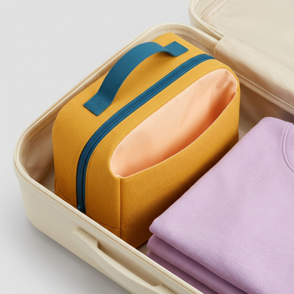 AI concept of the yellow wash bag placed in generic luggage beside folded clothing.