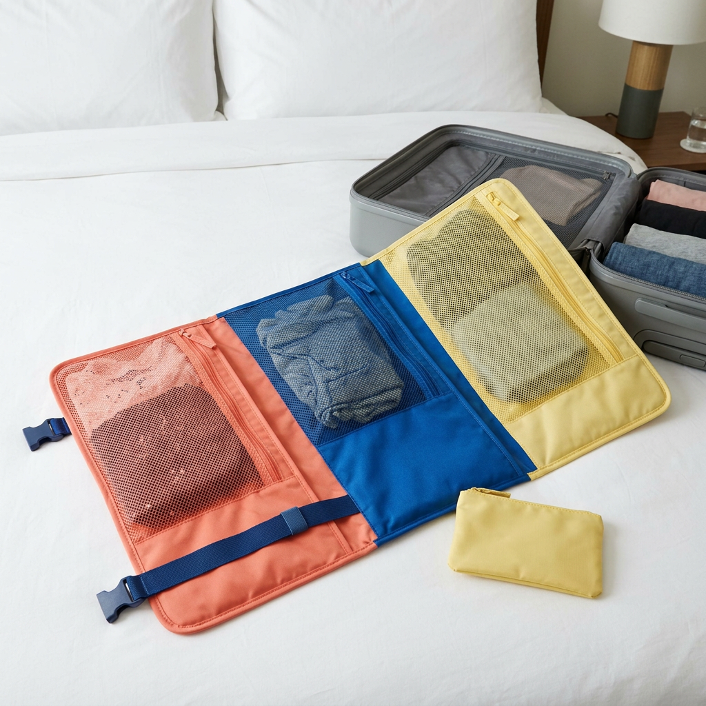 Open color-block outfit folio with matching yellow pouch beside a suitcase