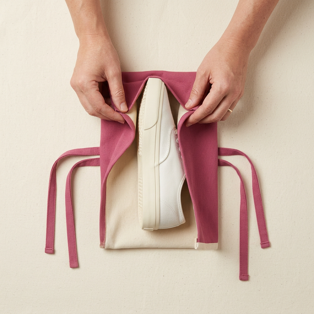 AI concept hands folding berry textile around illustrative white shoe, not included.