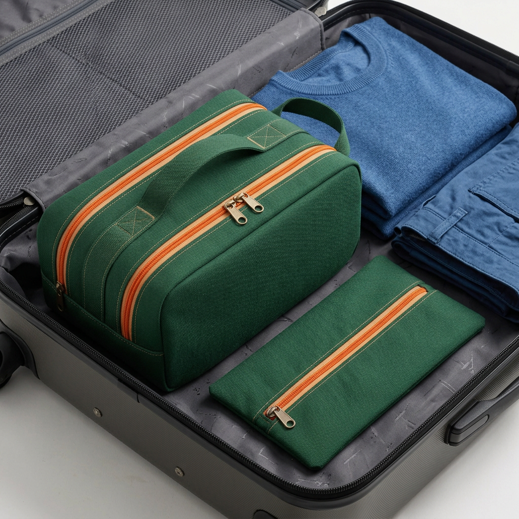 AI concept shoe case and sock pouch in illustrative luggage beside blue clothing.