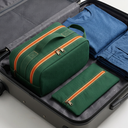 AI concept shoe case and sock pouch in illustrative luggage beside blue clothing.