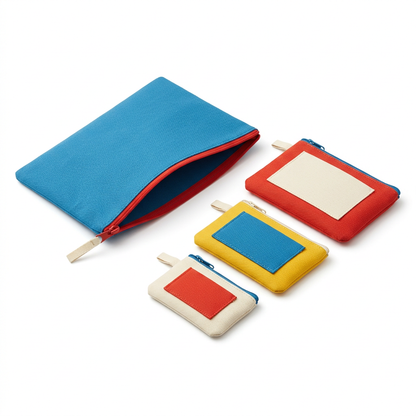 AI concept white-background three color-coded zip pouches and azure envelope.