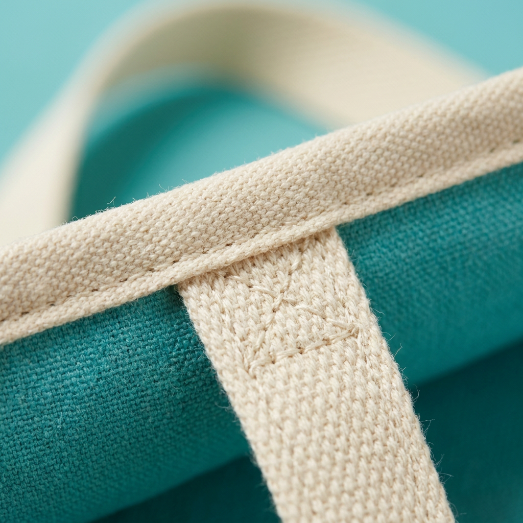 AI concept close-up of turquoise sleeve cream edging and handle attachment.
