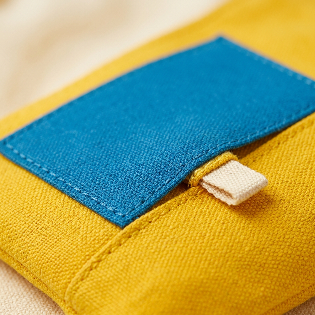 AI concept macro of blue front-panel stitching on yellow textile.