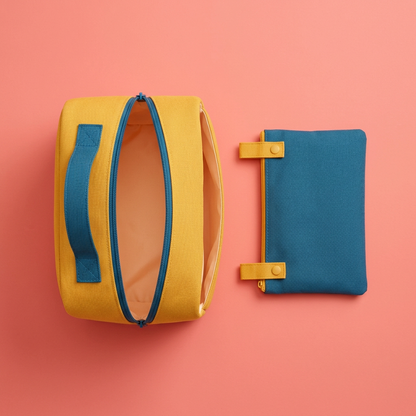 AI concept overhead layout of the yellow wash bag and blue pouch on a coral background.
