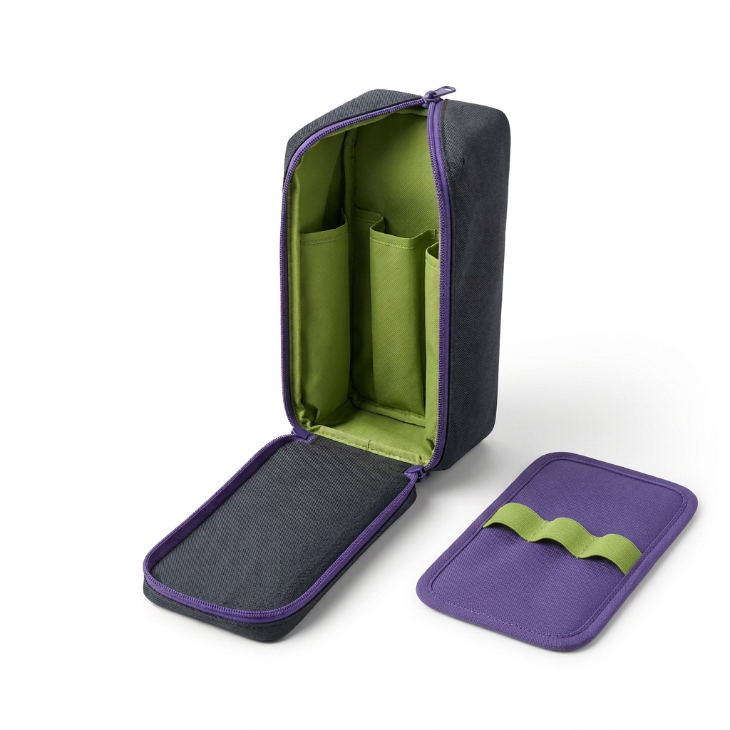 AI concept white-background charcoal tech pouch with lime sleeves and one violet cable wallet.
