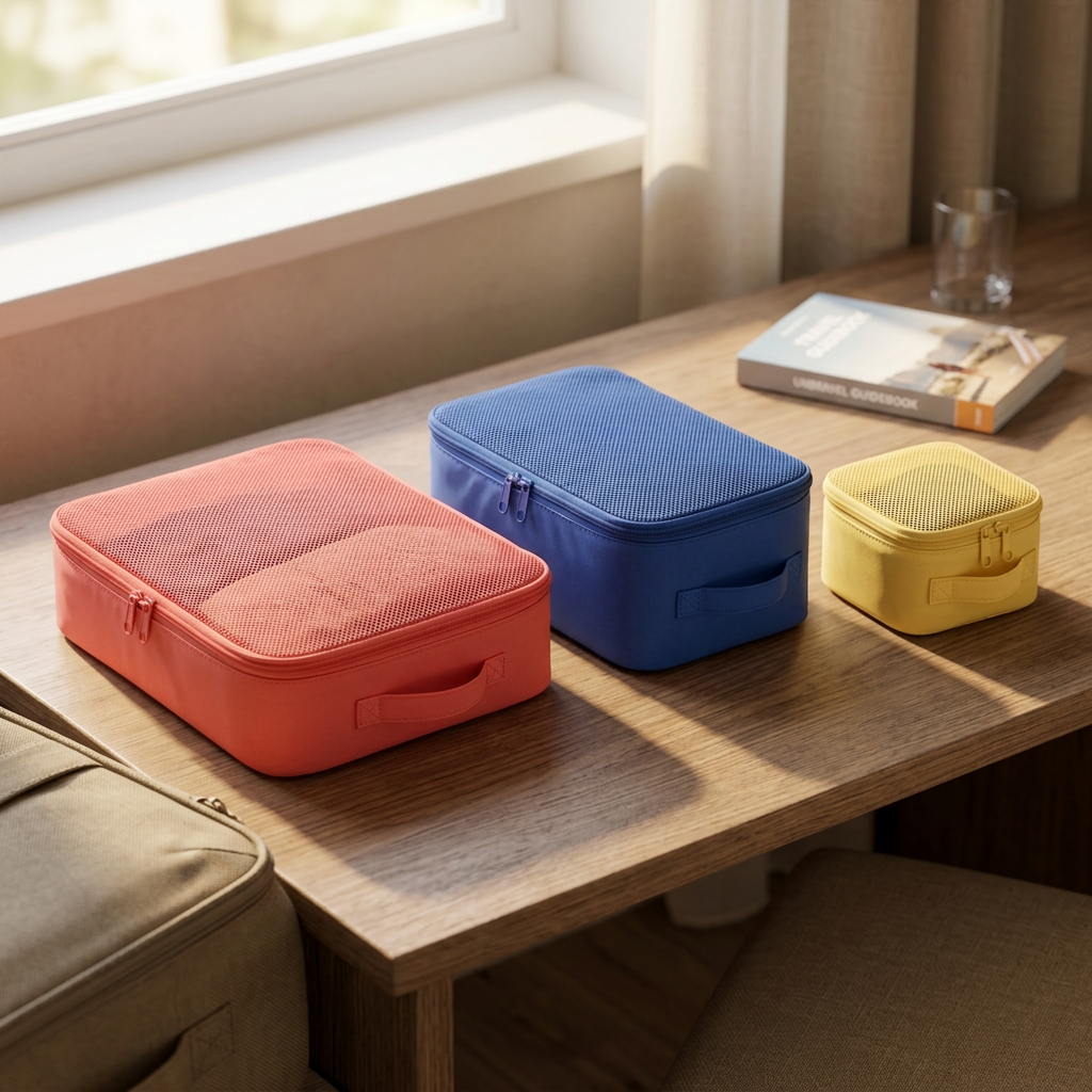 Color-block packing cubes in a travel lifestyle concept scene.