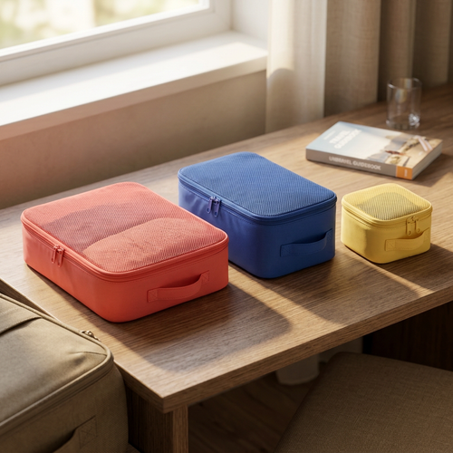 Color-block packing cubes in a travel lifestyle concept scene.
