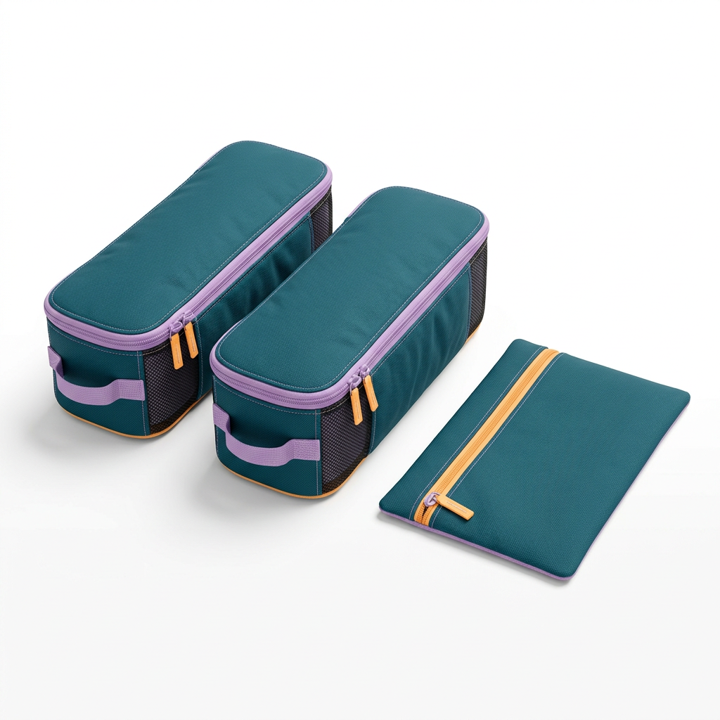 White-background design concept of the slim packing cube set and flat essentials envelope.