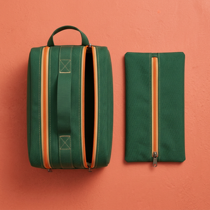 AI concept overhead twin-bay case and matching flat pouch on coral background.