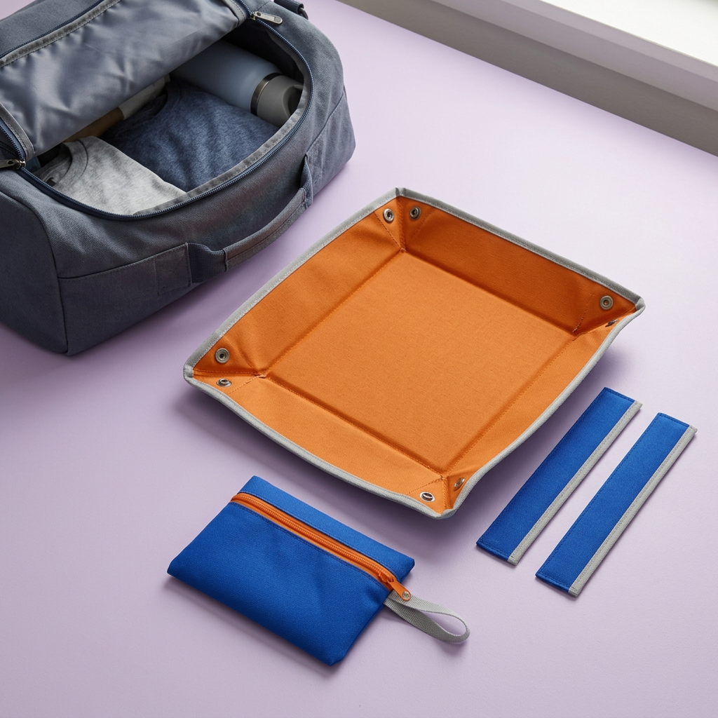AI concept unsnapped tray, divider strips and pouch beside illustrative travel bag.