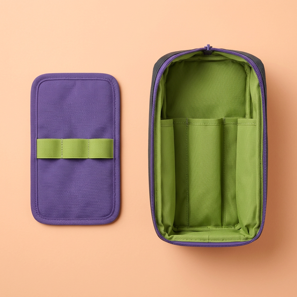 AI concept overhead interior sleeve arrangement and separate cable wallet on peach background.