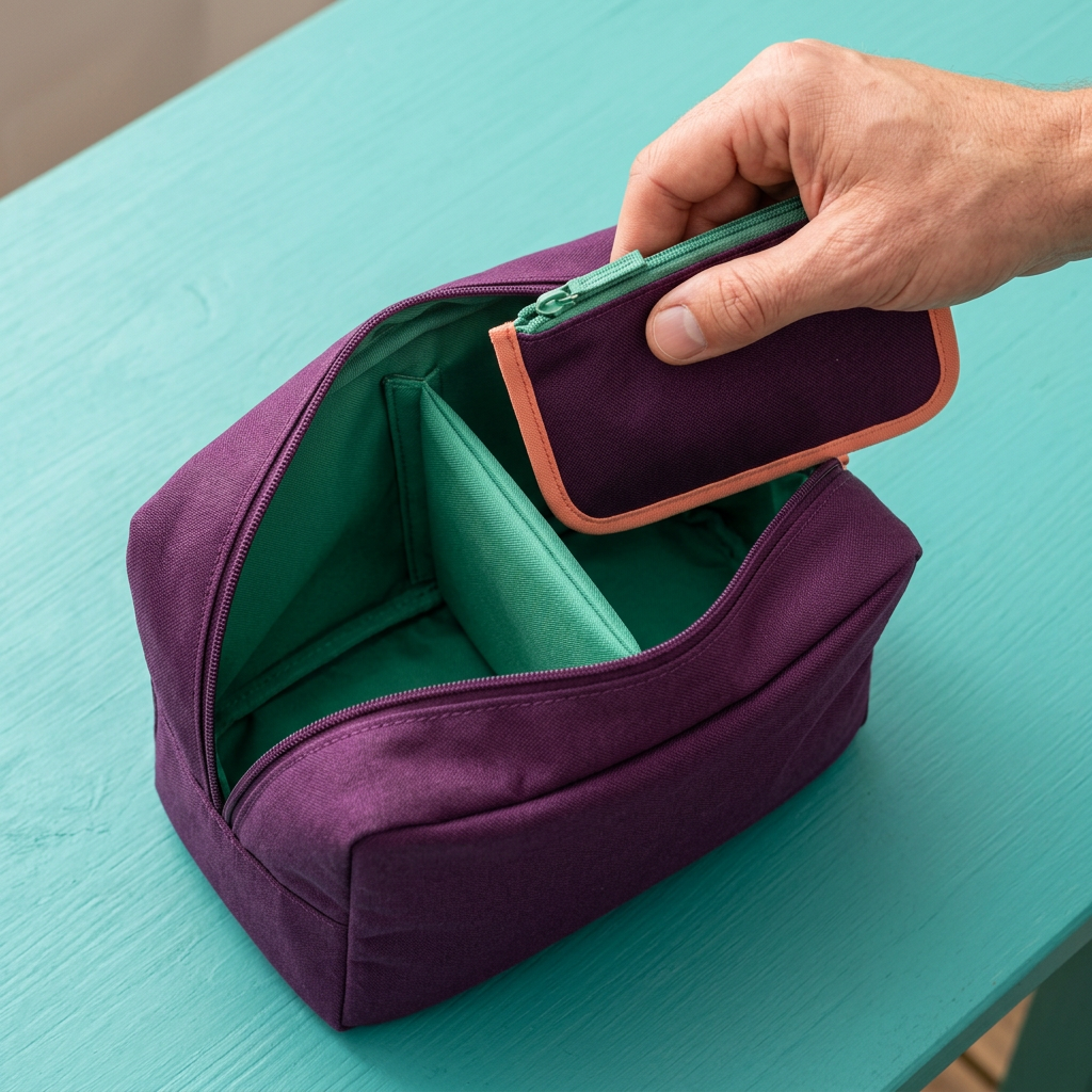 AI concept hand lifting flat pouch from larger aubergine organizer.