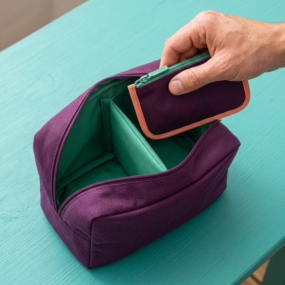 AI concept hand lifting flat pouch from larger aubergine organizer.