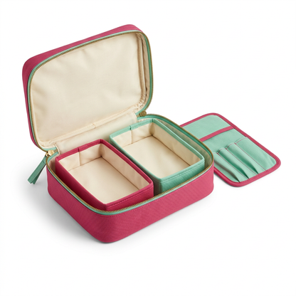White-background design concept of the wide-opening toiletry case and accessories.