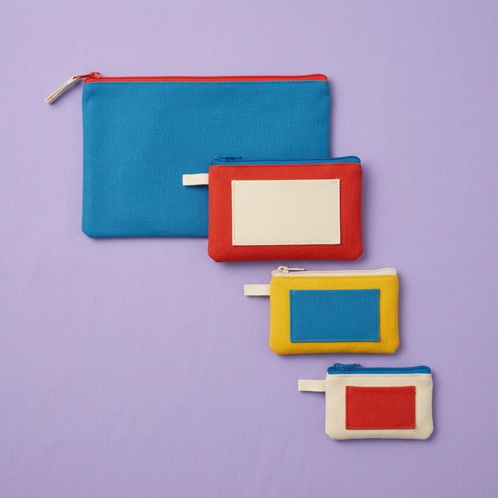 AI concept overhead four-piece pouch set on lavender background.