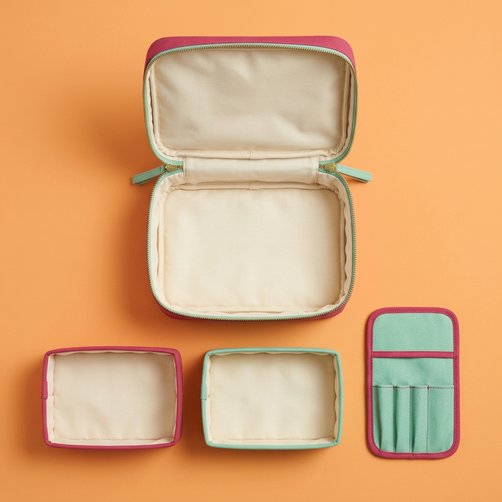 AI concept overhead flat lay: empty case, two separate trays and brush sleeve on an apricot background.
