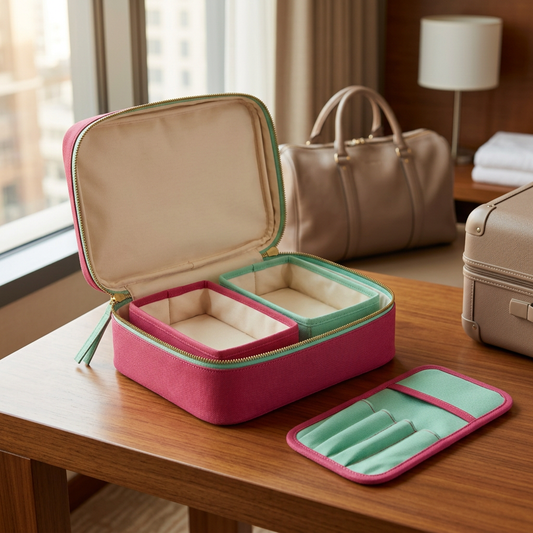 Wide-opening toiletry case in a travel lifestyle concept scene.