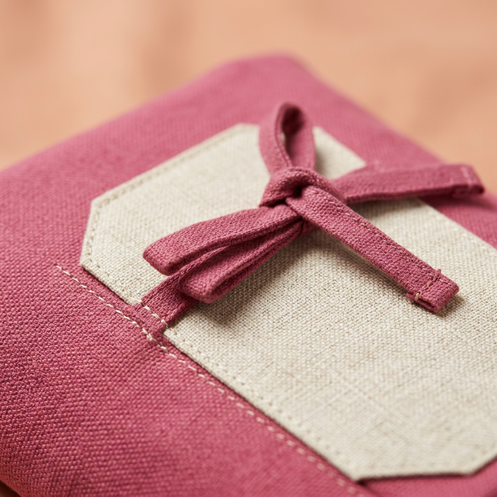 AI concept macro of berry fabric bow and cream accent stitching.