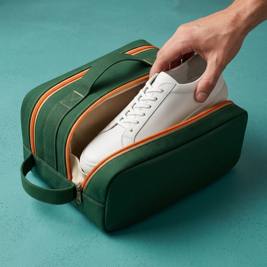 AI concept one hand placing an illustrative shoe into one open compartment; shoe not included.