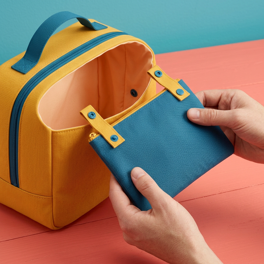 AI concept hands holding the separate blue pouch beside the yellow wash bag.