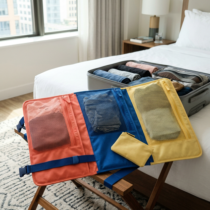 Travel outfit folio concept in a hotel packing scene.