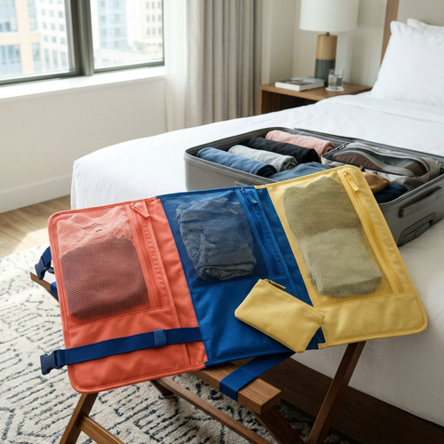 Travel outfit folio concept in a hotel packing scene.
