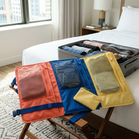 Travel outfit folio concept in a hotel packing scene.
