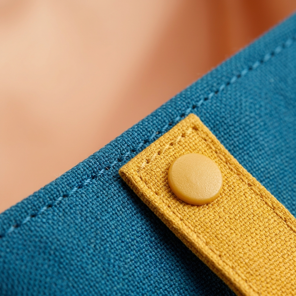 AI concept macro of a yellow snap tab and stitching on blue pouch fabric.