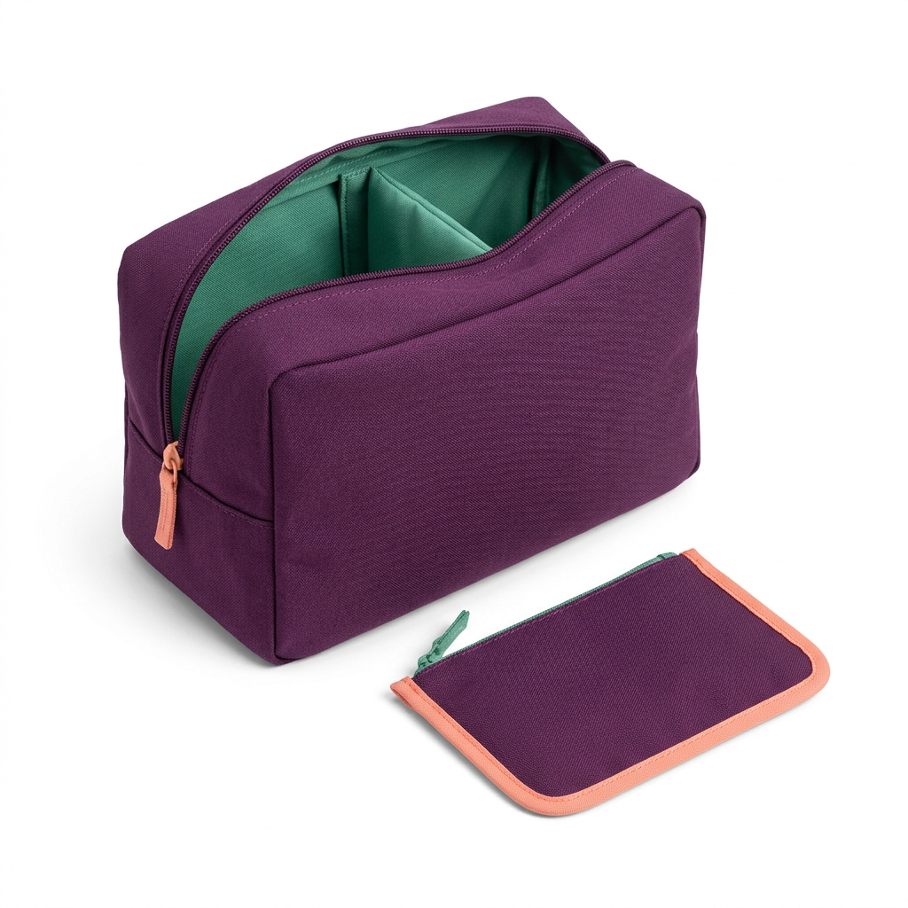 AI concept white-background aubergine pouch with jade divider and peach-edged flat pouch.