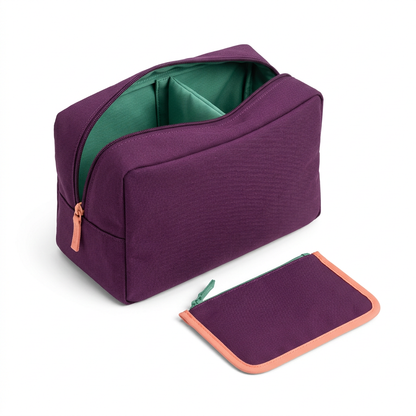 AI concept white-background aubergine pouch with jade divider and peach-edged flat pouch.