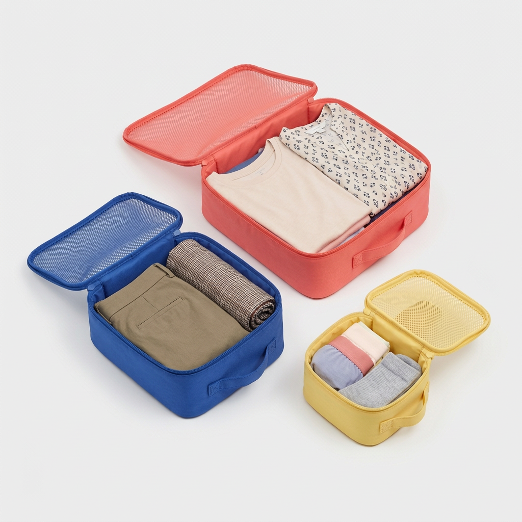 Open packing cube layout concept showing clothing grouping.