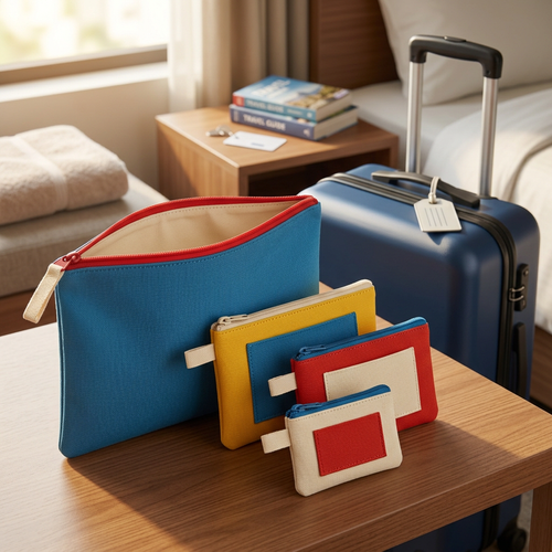 AI concept pouch set on hotel table with illustrative luggage and room props, not included.