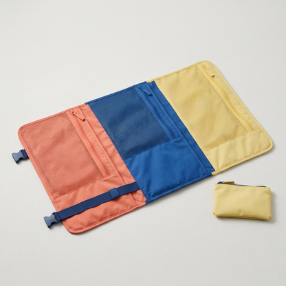 Empty coral blue and yellow tri-fold outfit organizer showing mesh clothing panels and separate pouch