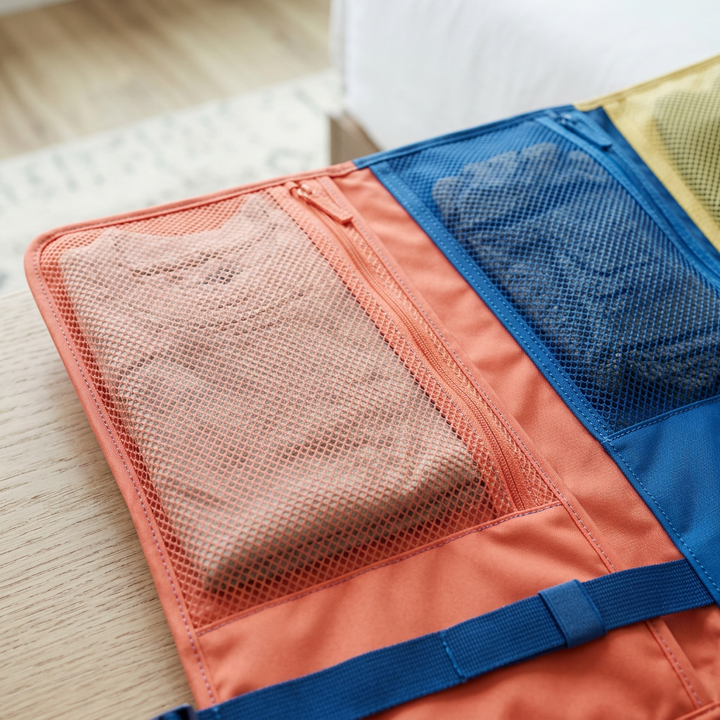 Coral mesh clothing pocket with zipper and navy webbing detail