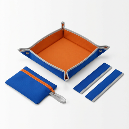 AI concept white-background blue and orange tray with two divider strips and one zip pouch.