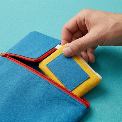 AI concept hand taking yellow pouch from azure envelope.