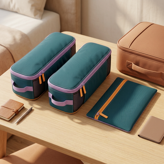 Slim packing cube set in a travel lifestyle concept scene.