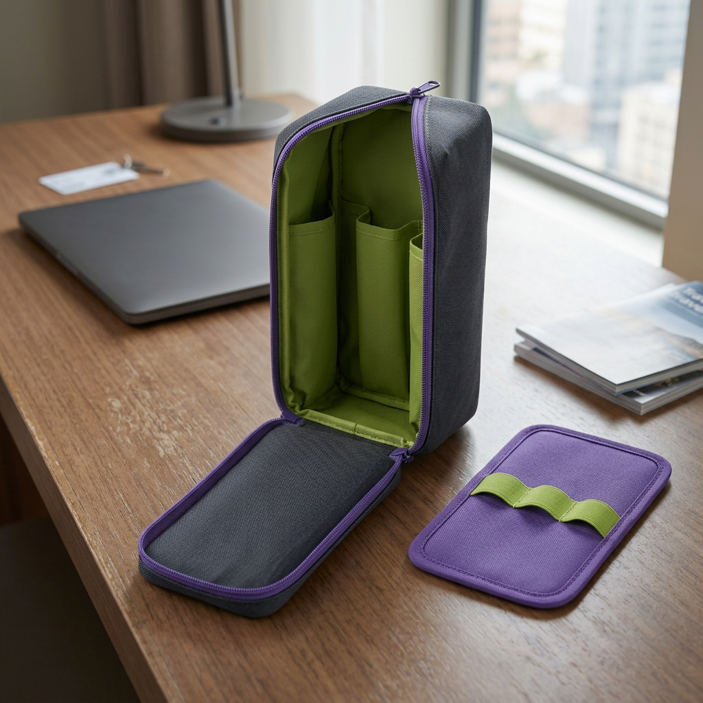 AI concept pouch and cable wallet on hotel desk with illustrative laptop, not included.