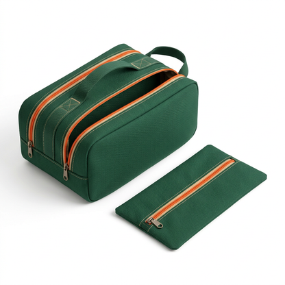 AI concept white-background forest-green twin-zip shoe case and separate flat pouch.