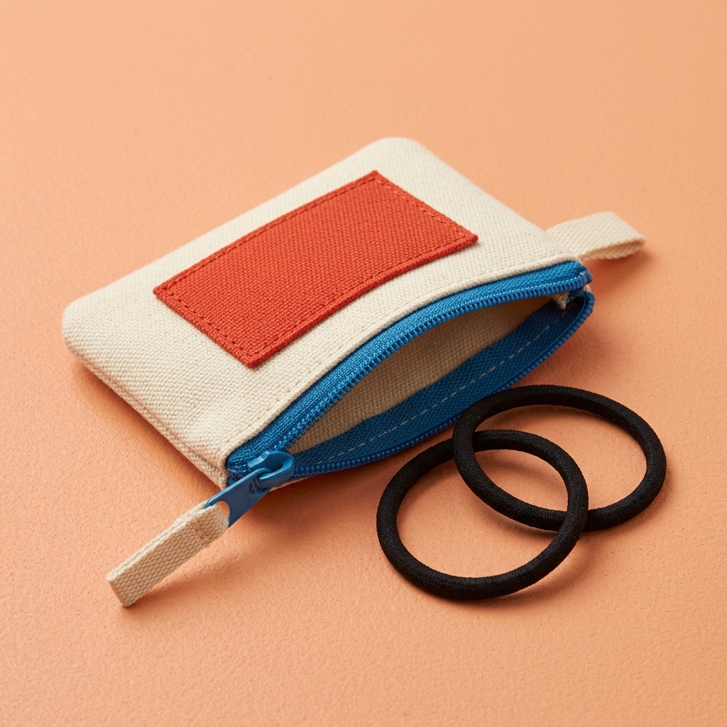 AI concept cream pouch with illustrative hair ties, not included.